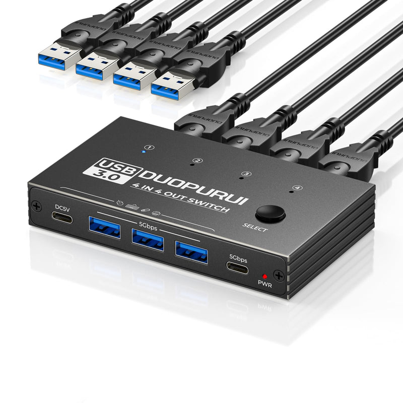 USB 3.0 Switch 4 Computers Sharing USB C & A Devices,Easy One-Click Device Switching with USB-C Cable & USB-A Cable,USB Switch Hub Share Keyboard Mouse Printer Scanner(USB3.0 4in4out) USB SWITCH 4 IN 4 OUT
