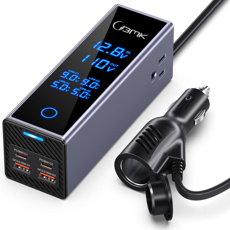 300W Car Power Inverter 12V DC to 110V AC Outlet Adapter 4 Fast USB Ports with PD 36W QC3.0 LCD Voltage Display Stackable Design for Laptop CPAP Road Trip Essentials Gray with black