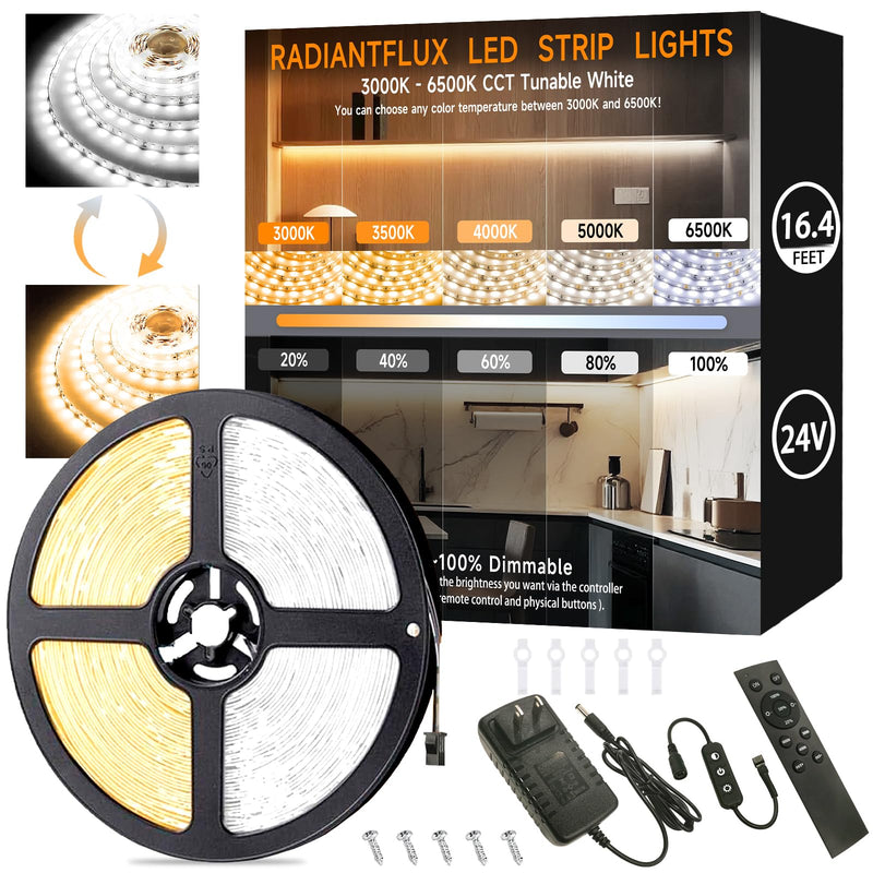 [AUSTRALIA] - 16.4ft Dimmable White LED Strip Light Kit, Dimmable 3000K-6500K, 24V Strip Lights with Remote Control, Flexible LED Strip Light, Eye Protection for Bedroom, Home Lighting, Mirror, Kitchen, Bar Cabinet Multicolor 16.4FT 