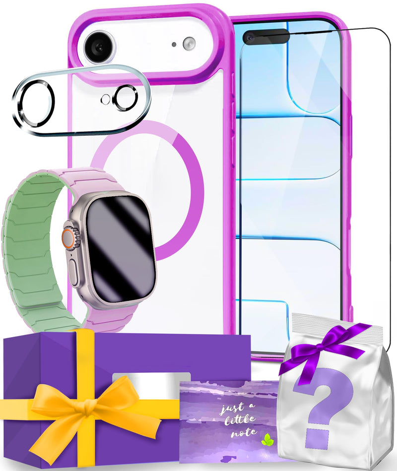 Smart Kit Compatible with iPhone and Apple Watch Band Transparent Purple Case + Purple/Soft Mint Band For iPhone17 Air Compatible with MagSafe