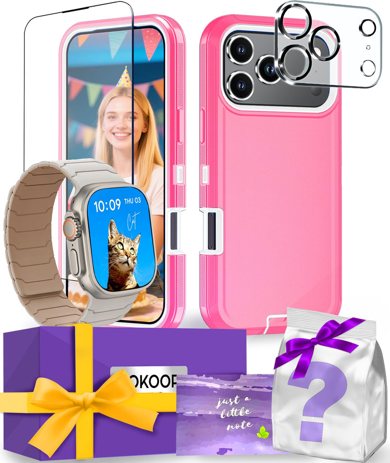 for iPhone 16 Pro Max Case & Apple Watch Band Gift Box for Women and Men, with Tempered Glass Screen Protector & Camera Protectors, Birthday Gift for Women and Men. Rugged Pink Case + Starlight/Milk Tea Band For iPhone16 Pro Max