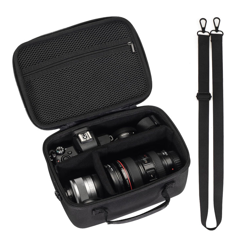 Universal camera case hard waterproof shell EVA interior lined shock-absorbent with dividers and shoulder strap Internal dimensions 8.4 x 5.7 x 3.5" for Canon/Sony/Nikon/Fujifilm mirrorless cameras
