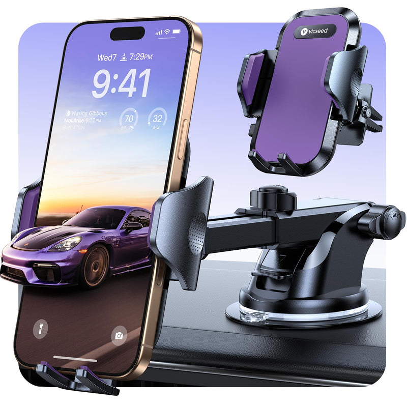 VICSEED Upgraded [Racing-Grade Steady] Phone Holders for Your Car, Purple | [86LBs Ultra-Powerful Suction] Car Phone Holder Mount Truck Stand for Dashboard Windshield Vent for iPhone Samsung All Phones