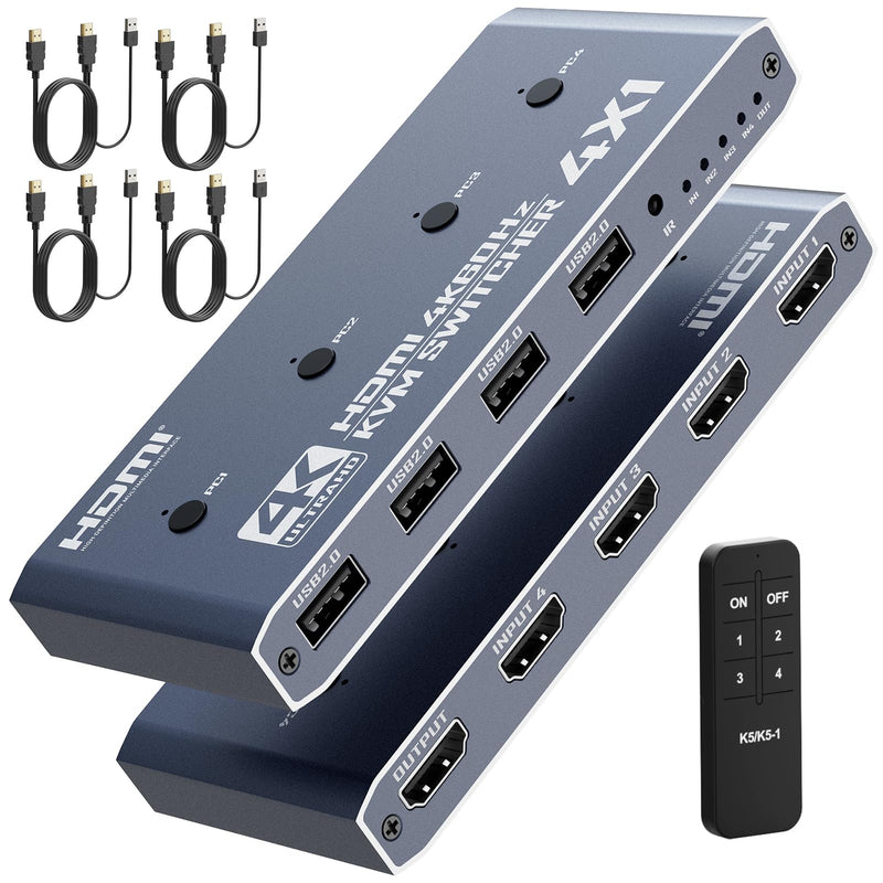 4 Port HDMI KVM Switch for 4 Computers 1 Monitor 4K @ 60 Hz (Includes 4 KVM Cables), USB Peripheral Selector with Remote Control for PC Laptop Keyboard Mouse Printer Gray