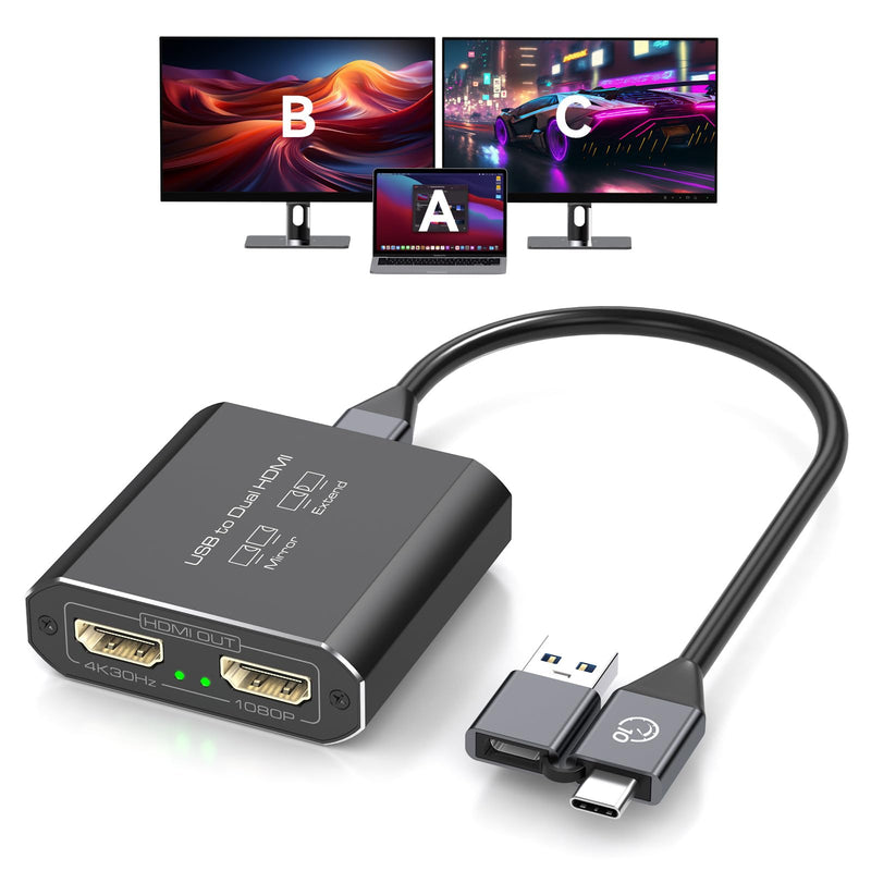 HDMI Splitter Extended Display for Dual Monitor USB A & C to 2 hdmi Adapter 1 in 2 Out for Laptop Mac Triple Set Support MST & SST Modes; 4K@30Hz Out 1, 1080p Out 2 Void Black USB TO 2 HDMI