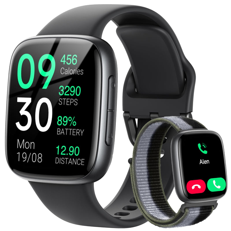 Fitpolo Smart Watch, 1.85" AMOLED Fitness Tracker with Bluetooth Call, Heart Rate/Sleep/SPO₂ Monitor, 100+ Sports Modes, 3ATM Waterproof Smartwatch for Android/iPhone/Samsung, Includes 2 Bands Black
