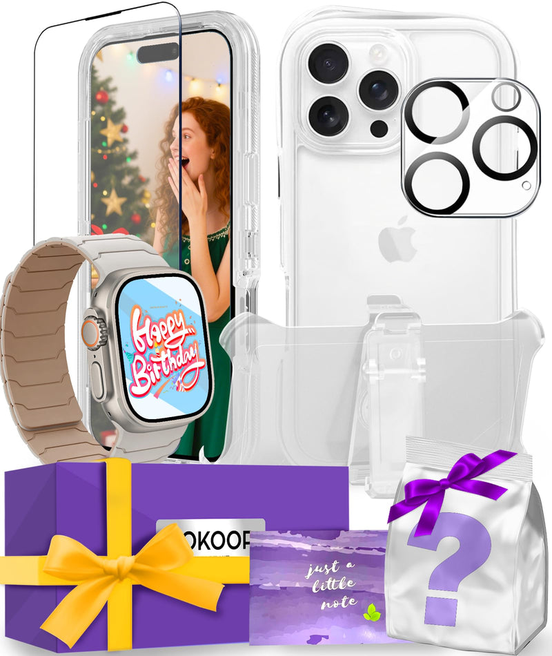 for iPhone 16 Pro Max Case & Apple Watch Band Gift Box for Women and Men, with Tempered Glass Screen Protector & Camera Protectors, Birthday Gift for Women and Men. Clip For iphone 16 pro max