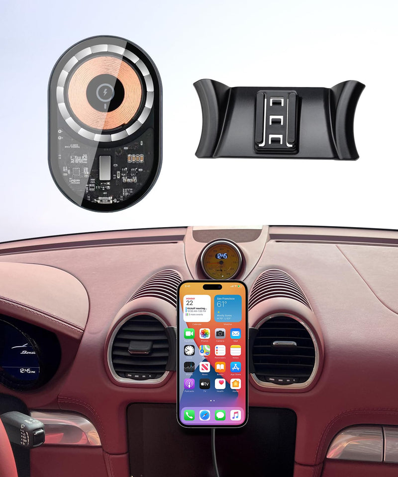 Wireless Charging Car Phone Holder for Porsche 718 Boxster/Cayman 2017-2025 | Magsafe Accessories Fast Charging Magnetic Cell Phone Holder Clip Compatible with iPhone Android, 3D Fit Vehicle Phone Stand