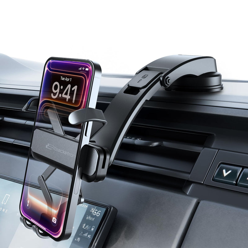 Bracketron AutoGrip Low Profile Car Phone Holder with TemperBond Suction | One-handed automatic grip, low-profile clear-view arm, tool-free setup, fits most smartphones on dash or windshield.