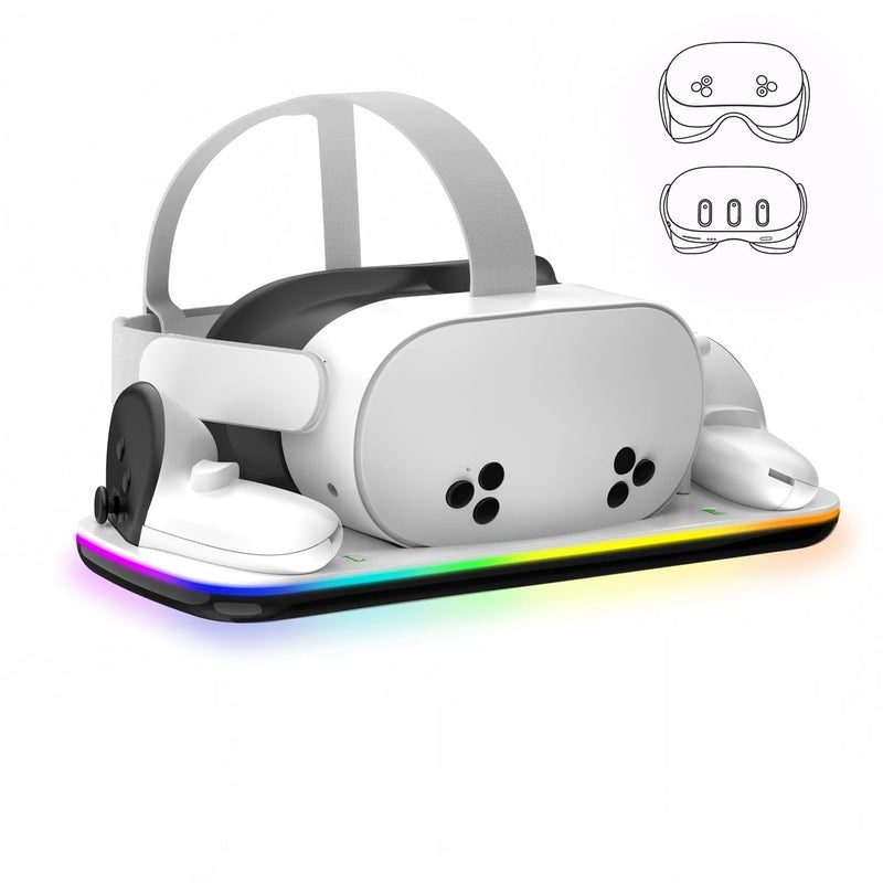 Charging Dock Compatible with Meta Quest 3/3S, Magnetic Fast Charging | Closable 9 RGB Modes, 2 Rechargeable Batteries, With USB-C Cable & Adapter, Compatible with VR Headset Controller Accessories White