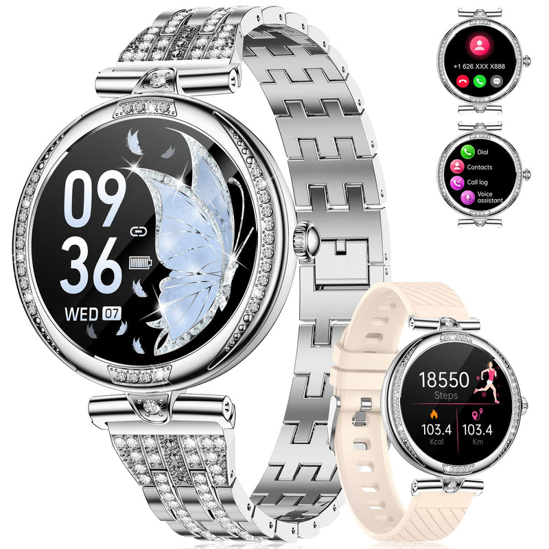 LIGE Smart Watches for Women (Answer/Make Call) with Diamonds,1.19” AMOLED Smartwatch with Heart Rate/Sleep Monitor,IP68 Waterproof Fitness Tracker 120 Sport Modes Pedometer for Android iOS,Sliver Silver