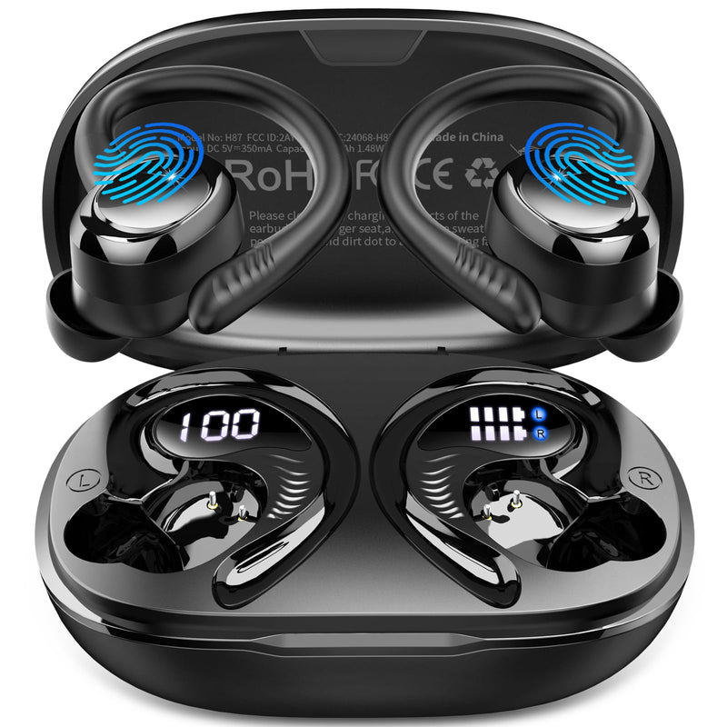 Hupoaf Wireless Earbuds Sport, NEW Bluetooth 5.4 Headphones with Earhooks, 50H Stereo Deep Bass Over Ear Buds with 4 ENC Noise Canceling Mics, IP7 Waterproof Earphones for Running Workout Gym -Black A-Black