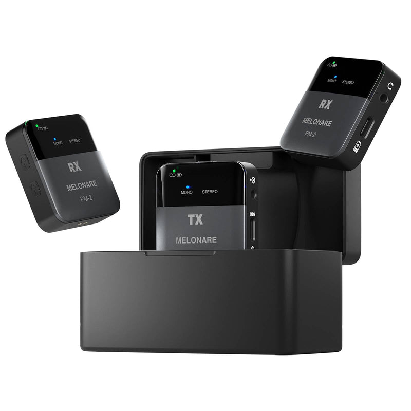 MELONARE Portable Wireless in Ear Monitor System with Charging Case PM-2 | Wireless Audio Transmitter and Receiver, 24bit/48kHz Audio, Mono/Stereo Switch, OTG Input, Live Shows, Studios, Bands