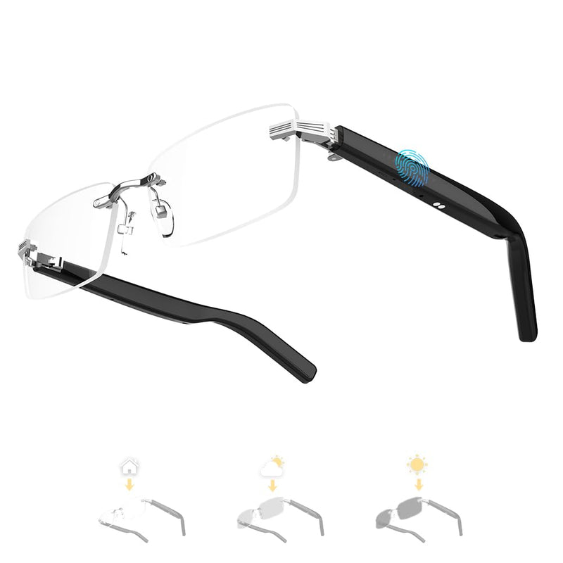 Smart Glasses Rimless Smartglasses with Bluetooth Speaker,Remote Control Photo Taking/UV Protection Voice Control (Photochromic Lenses) Photochromic Lenses