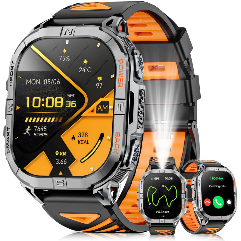 Joautrial Military Smart Watch for Men Built-in GPS with LED Flashlight Compass, 2.13" AMOLED Tactical Smart Watches with Answer/Make Calls, 3ATM Waterproof Fitness Tracker for iPhone Android (Black) Black
