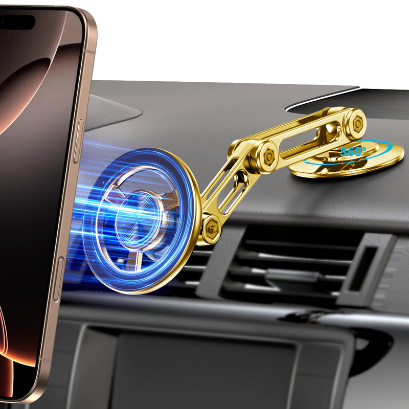 Ultra Magnetic Long-Arm Phone Holder Stand, Fits for MagSafe Car Mount Bracket【Windshield+Vent+Dash】, 360° Rotation Adjustable Strong Magnets Car Mount Desk Office Phone Cradle Holder, Gold