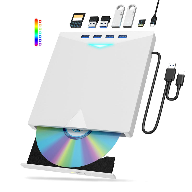 [AUSTRALIA] - External CD/DVD Drive for Laptop PC,8 IN 1 LED Portable DVD Drive CD Burner CD-ROM DVD-/+RW Writer Reader with TF/SD Card Slots,USB 3.0 DVD Drive External,Compatible with Mac,Windows 11/10/8/7,Linux White 