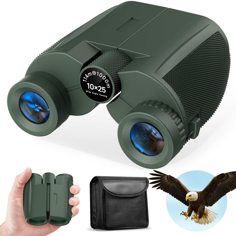 [AUSTRALIA] - Leacco 10x25 Compact Binoculars for Adults and Kids, Large View Waterproof Small Binoculars with Low Light Vision BAK4 Prism FMC Lens for Cruise Ship Bird Watching Travel Hunting, Military Green 