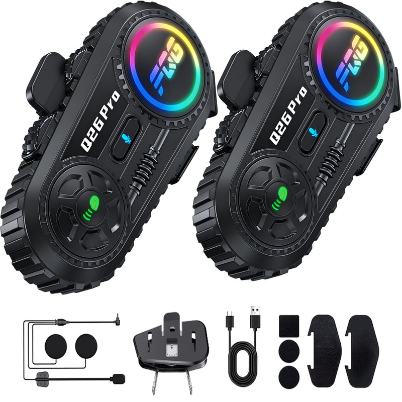 2 Pack Motorcycle Helmet Headset Bluetooth Intercom 2-Way Communication System, 1600FT Range, 18Hrs Talk Time, IP56 Waterproof, AI Voice Assistant, Detachable Design for Motorcycle Ski Snowmobile 2-Pack 2-Way Intercom Headset