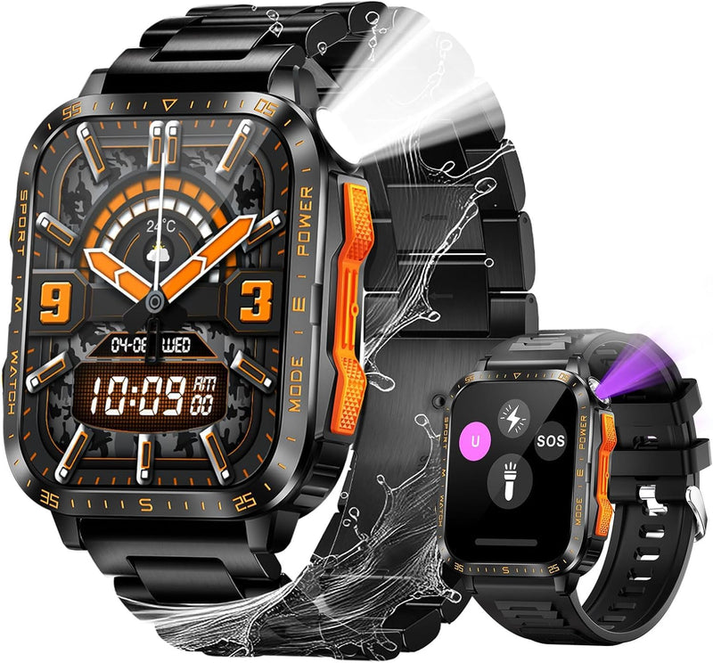 Military Smart Watch for Men with Call/LED Flashlight 1.96" Big Screen | 3ATM Waterproof Rugged Tactical Smartwatch with 100+ Sports Modes, Fitness Tracker with HR/Sleep Monitor for iPhone Android