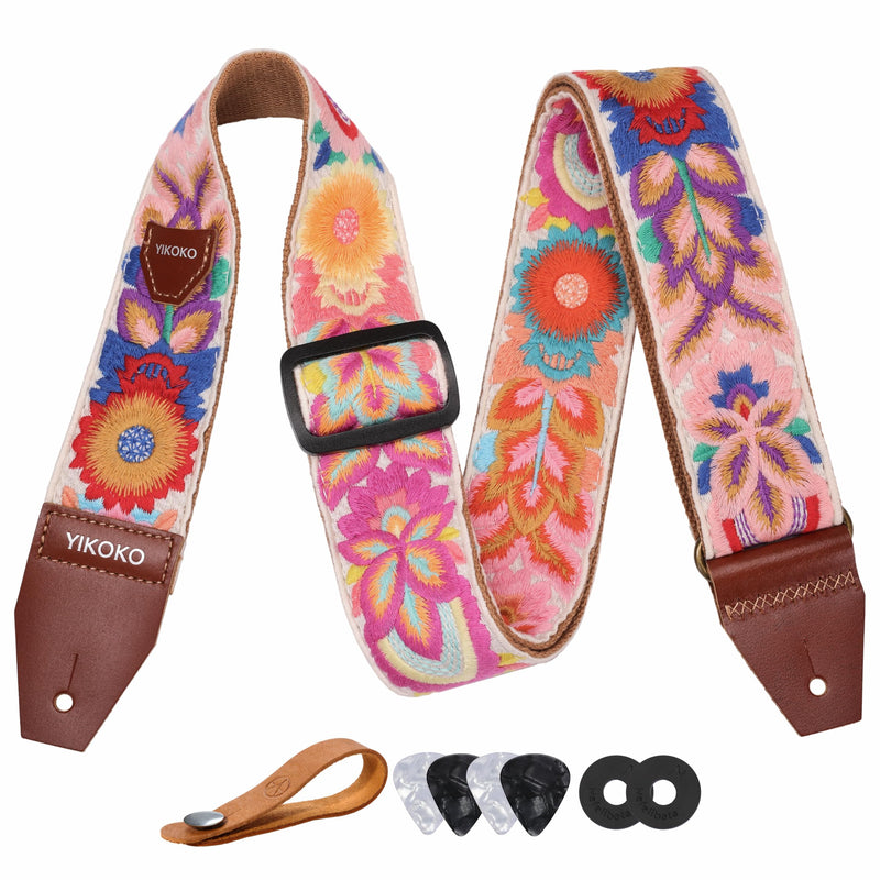 Guitar Strap，2 inch Flower Knit Cotton Guitar Straps with Full Grain Leather End, for Bass Electric and Acoustic Guitars, Free Strap Button, 2 Strap Locks and 4 Guitar Picks Colorful Flower 03