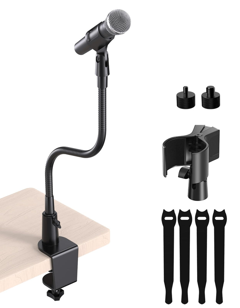 Gooseneck Mic Stand with Clamp, 19-Inch Flexible Desktop Microphone Arm Holder with 3/8" & 1/4" Screw Adapters, 360° Adjustable, Ideal for Podium, Pulpit, Lecture, Conference and Live Streaming