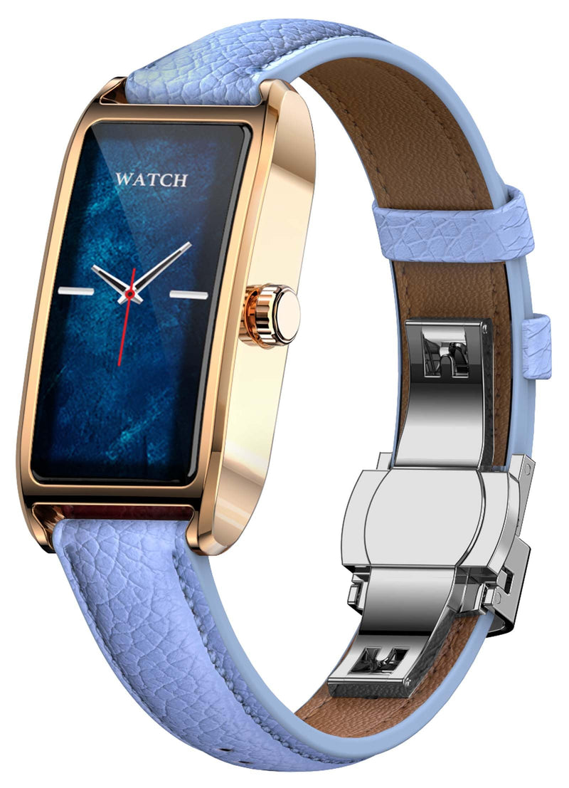 Amoled Laies Smart Watch for Women Smartwatch with Leather Strap Heart Rate Stress Sleep Monitor 12 Sports Modes Fitness Tracker Watch Notifications Music & Camera Control Waterproof iOS Android Blue & Gold