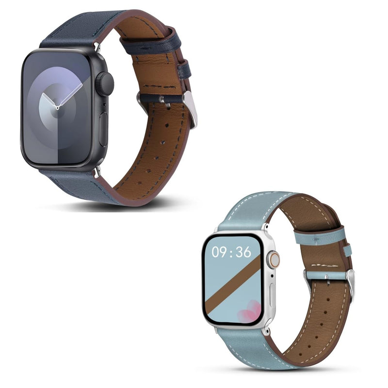 Genuine Leather Band Compatible with Apple Watch Bands for Women Men 49mm 46mm 45mm 44mm 42mm 41mm 40mm 38mm, Soft Leather Replacement Strap for iWatch Ultra SE Series 10 9 8 7 6 5 4 3 2 1(PACK OF 2)