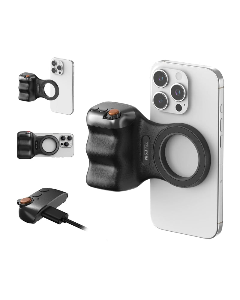 [AUSTRALIA] - TELESIN Fun Shot Magnetic Phone Camera DSLR Style Shutter Grip for Magsafe iPhone & Android with Detachable Wireless Shutter Button - Official Grip -Comfort Ergonomic Phone Grip Handle Holder(B) Black 