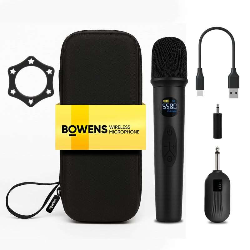 [AUSTRALIA] - Bowens Wireless Microphone System – Karaoke Microphone Wireless with Receiver, Echo Control, LCD Display, USB-C Charging, 6.35mm Adapter – Cordless Mic for Singing, Speaking Parties, Events 