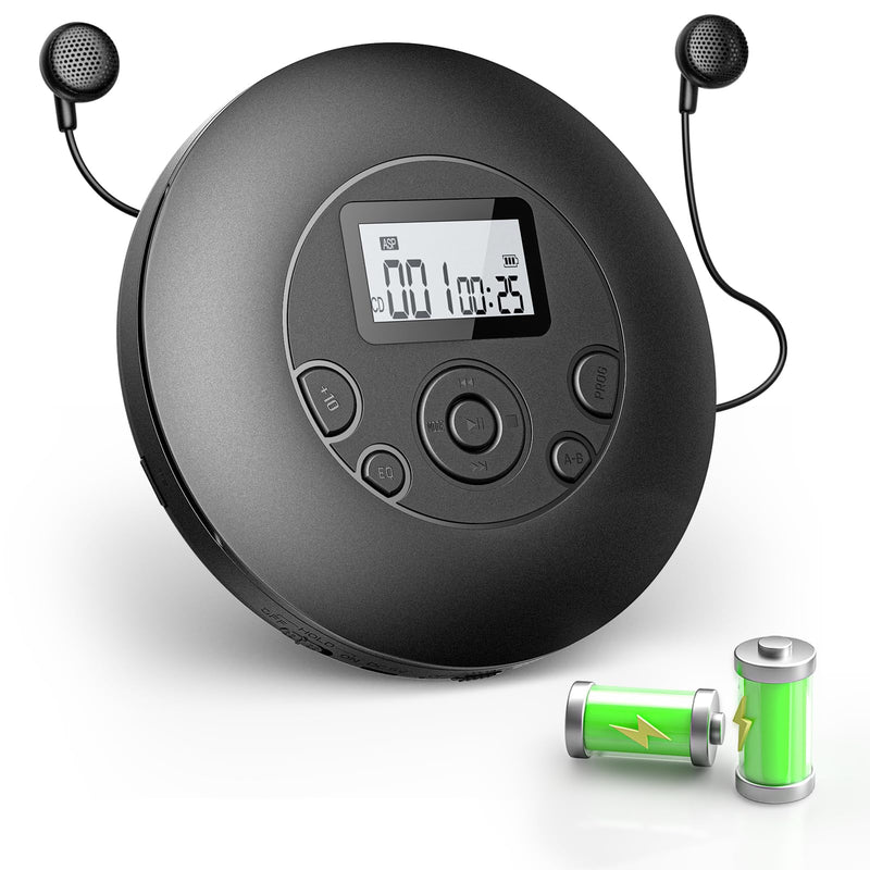 Portable CD Player for Home & Car-Rechargeable Discman CD Player with Anti-Skip, Large Backlit Screen, AUX Cable and Headphones, Supports CD/MP3/WMA/TF Card Black