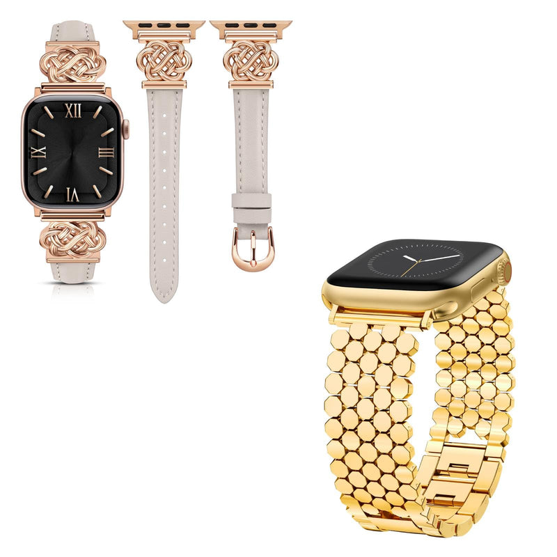 Minyee 2 Packs Compatible with Apple Watch Band 42/46/41/40/38/44/45/49mm Women, Dressy Slim Thin Celtic Knot Leather Strap & Dressy Honeycomb Metal Gold Silver Link Bracelet