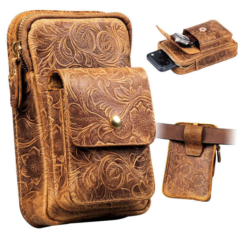Holster for iPhone17/16/15/14/13/12/11 ProMax,Galaxy S21-25/26Ultra | For IP16 /15/14/Pro/Galaxy S21-26Plus,Premium Leather Pouch with Belt Clip Phone Holster Belt Case, Brown-L