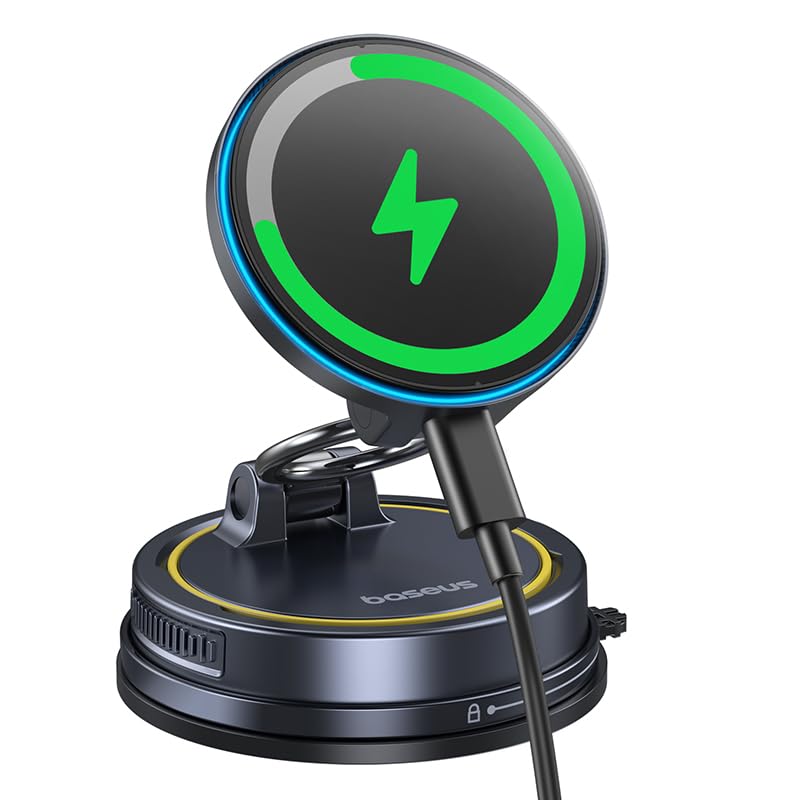 Baseus Vacuum 15W for Magsafe Car Mount Charger, 119LBS Suction Cup 720° Adjustable Magnetic Car Charger Phone Holder, Foldable Cell Phone Holder with Reusable Washable Gel for Car & for 17to13 iPhone Black