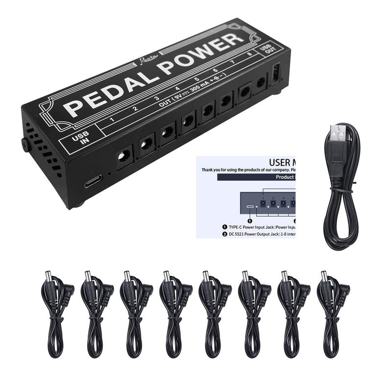 Rowin PW-2 Guitar Pedal Power Supply 8 Isolated DC Output for 9V Guitar Bass Effect Pedals with USB Charging Port for iPhone iPad Tablet PW-02