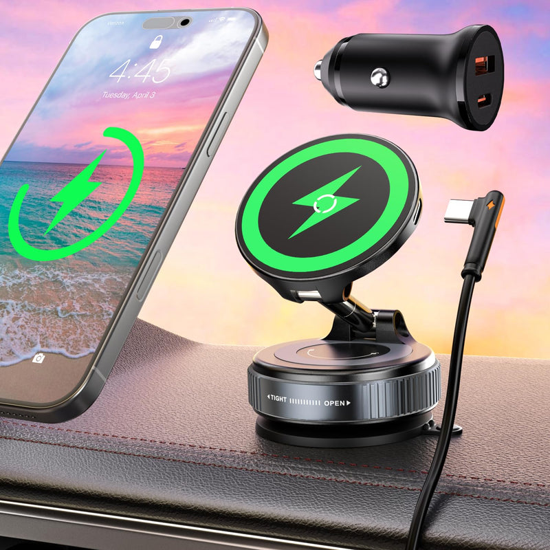 15W for MagSafe Car Mount Charger, Magnetic Wireless Car Phone Holder for iPhone 17 16 15 14 13 12 Pro Max, 360° Adjustable iPhone Charger for Car with USB C Car Charger Adapter Car Charger Mount With Adapter