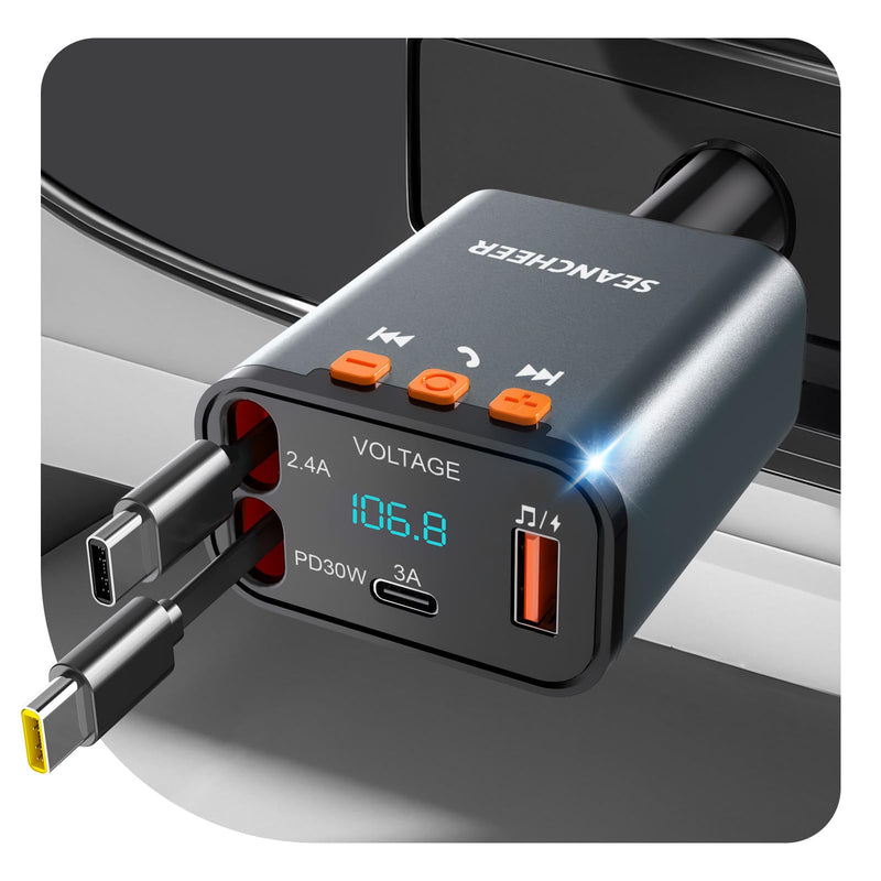 SEANCHEER Car Bluetooth Adapter & Car Charger USB C, 69W Cigarette Lighter Adapter with 2 Retractable Cables, FM Transmitter Bluetooth 5.3 for Handsfree Call, MP3 Player [Gray[USB-C+USB-C]] Gray[USB-C+USB-C]
