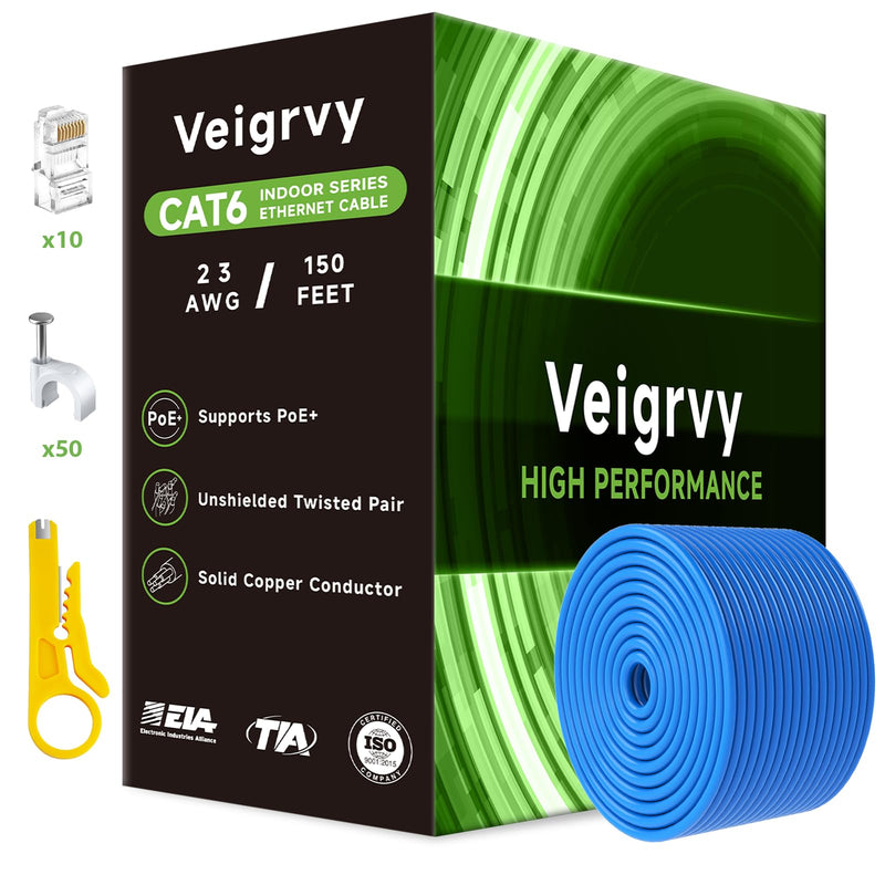 Cat 6 Bulk Ethernet Cable 150 ft, 23AWG Solid Bare Copper, High Speed Cat6 Network LAN Cable with RJ45 Connector, 550MHz 10Gbps, PoE+, UTP, Compatible with Router, Modem, Gaming, PC, Blue 150ft