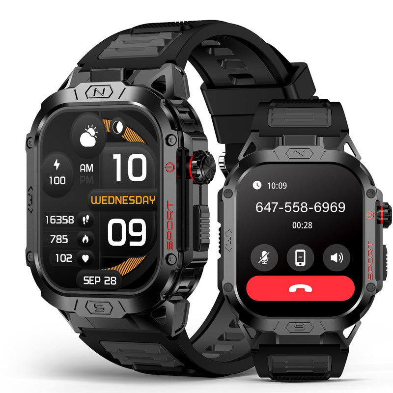 Military Smart Watch for Men, 2.02" Screen, 100+ Sport Modes, Android iOS | Heart Rate Blood Oxygen Blood Pressure Sleep, 100+ Sport Modes Fitness Tracker, Outdoor Sport Smartwatch with Flashlight Black