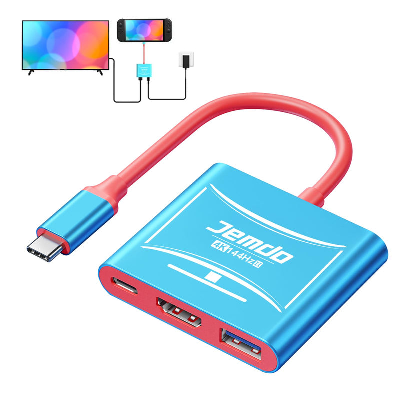 [AUSTRALIA] - JEMDO Switch 2 HDMI Adapter Dock Station(3 Ports),4K@144Hz HDMI 2.1&48 Gbps,PD 100W & USB 3.2,Portable USB C to HDMI Travel Dock for TV Compatible with Nintendo Switch 2(Only Below V21.0.0)/OLED/2017 Blue 144 