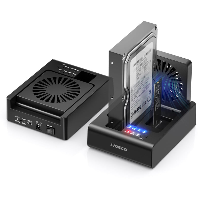 FIDECO Hard Drive Docking Station for M.2 NVMe SSD and 2.5"/3.5" SATA HDD with Bidirectional Offline Clone, M.2 NVMe to USB Adapter Cloner, SSD Reader with Foldable Cooling Fan