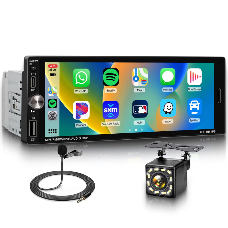 Single DIN Carplay Radio Wireless Android Auto, 6.9-Inch IPS Touchscreen Car Stereo with Bluetooth5.2 FM/RDS Radio EQ USB Backup Cam Included