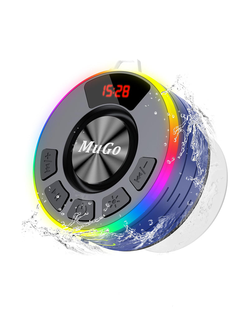 [AUSTRALIA] - MuGo Shower Bluetooth Speaker Waterproof IPX7, 360° HD Stereo Sound Bathroom Speaker Bluetooth 5.3 with RGB Lights, Suction Cup and Microphone, Mini Shower Radio for Home/Party/Outdoor Blue 