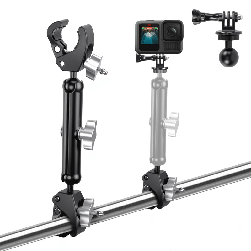 Double Super Clamp Camera/Umbrella Mount,360° Magic Long Arm Pole Clamp,Double Ball Head Adapter for Photo Studio Light Stand,Gopro,Golf Carts,Motorcycle,Cross Bars,Strollers (Black) Black