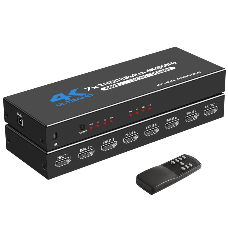 [AUSTRALIA] - HDMI Switch, 4K@60Hz HDMI Switcher 7 in 1 Out with IR Remote, 7 Port HDMI Selector Box Support HDMI2.0, Dolby Vision/Atmos, HDR10 for Box, Switch, PS5/4, Roku, Fire -Stick-Black 4K@60Hz 7 in 1 Out black 