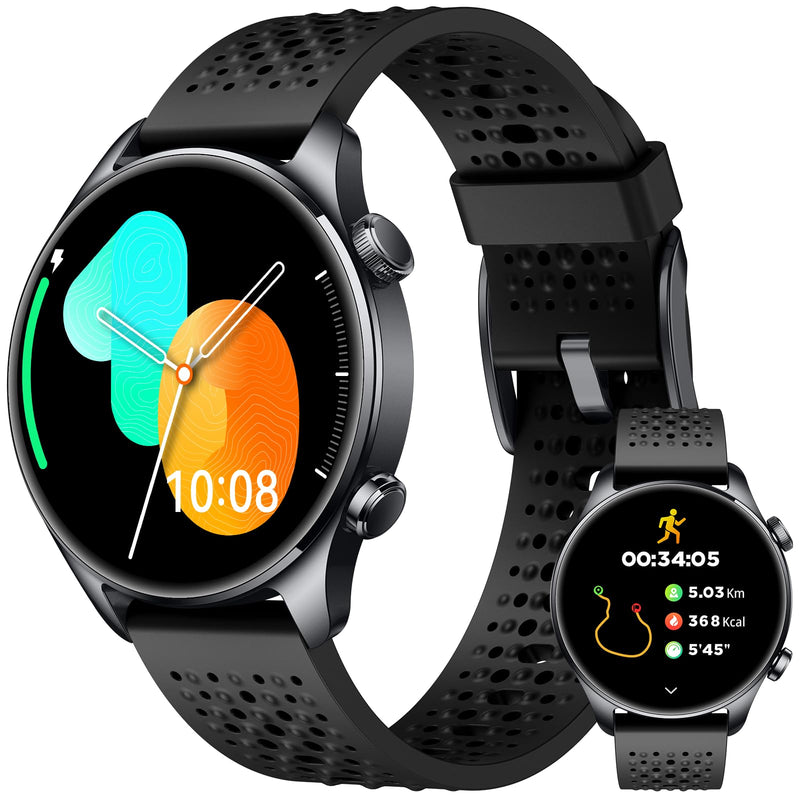 GPS Smart Watch Men Women, 30m Waterproof for Android iPhone | Running Watch Men Bluetooth Call, 1.43" Round AMOLED Display, Heart Rate/Sleep/SpO2 Monitor, 100+ Sport Modes Step Counter Black+Black