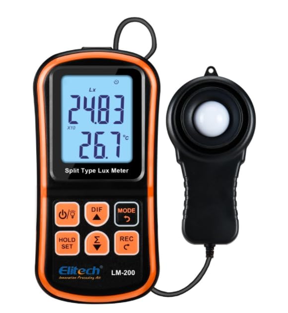 Elitech Digital Light Meter LM-200, Handheld Illuminance Meter with LCD Display, 200,000 Lux Range, Temperature Measurement