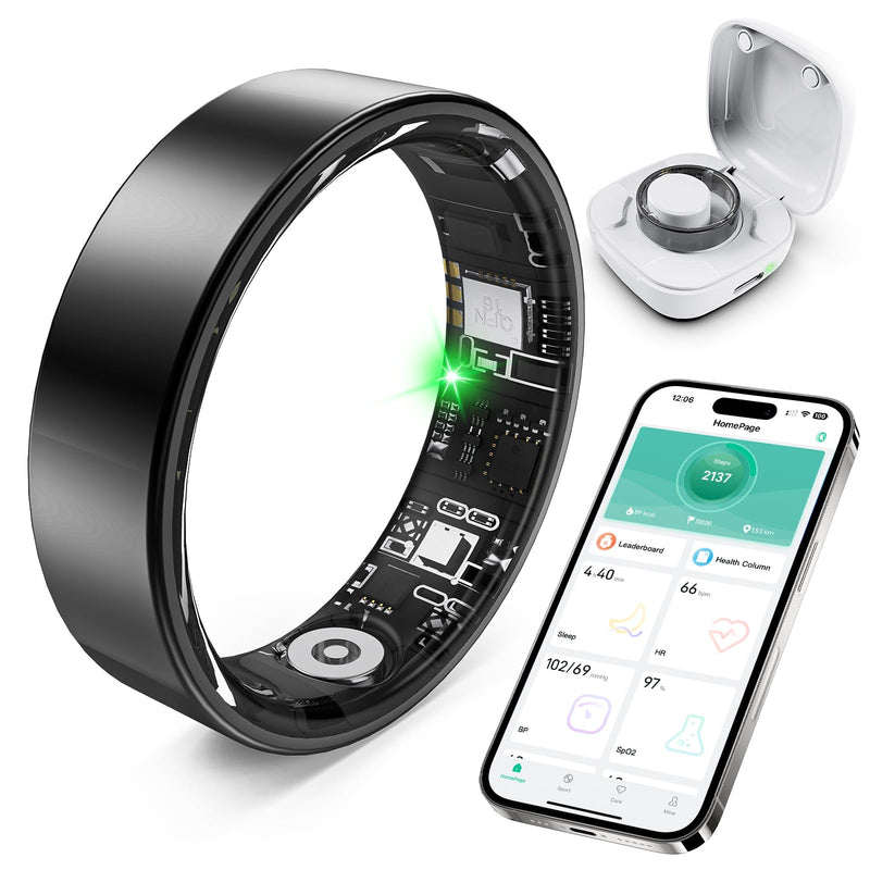 Smart Ring with Sleep Monitoring, Step Counting, Heart Rate, Blood Oxygen, Blood Pressure for iPhone and Android, No Subscription Fee, IP68 Waterproof Health Tracker (Black, 10)