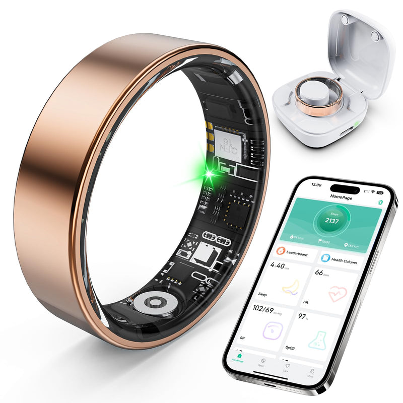 Smart Ring with Sleep Monitoring, Step Counting, Heart Rate, Blood Oxygen, Blood Pressure for iPhone and Android, No Subscription Fee, IP68 Waterproof Health Tracker (Rose Gold, 10)