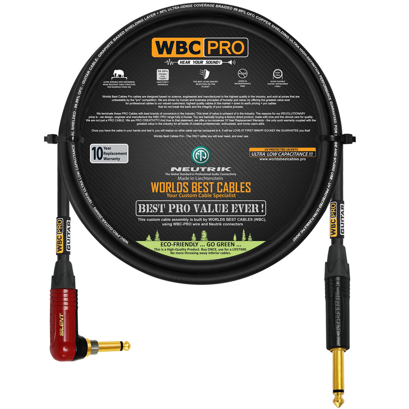 6 Foot - WBC-PRO-Guitar – 20 AWG - Low-Cap (18pF/ft) – Pro-Grade – Graphite-Based - Dual-Shielded Guitar Bass Instrument Cable w/Neutrik Straight - Angled (SilentPLUG) ¼ Inch (6.35mm) Gold TS Plugs